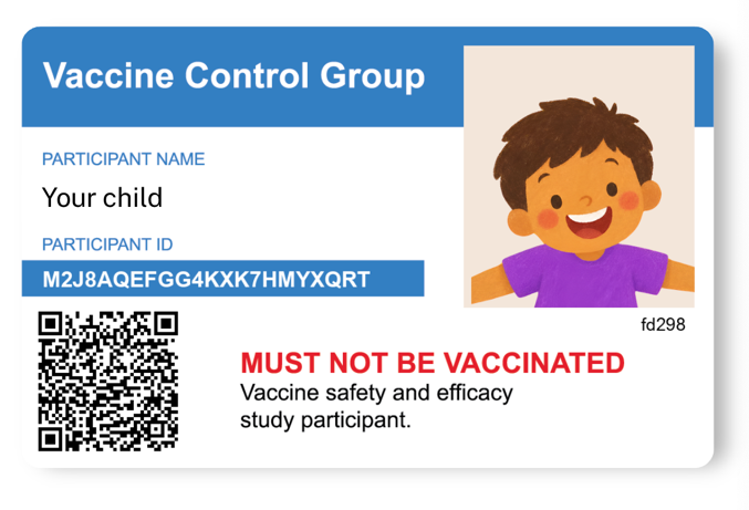 Example Control Group vaccine study card for a child